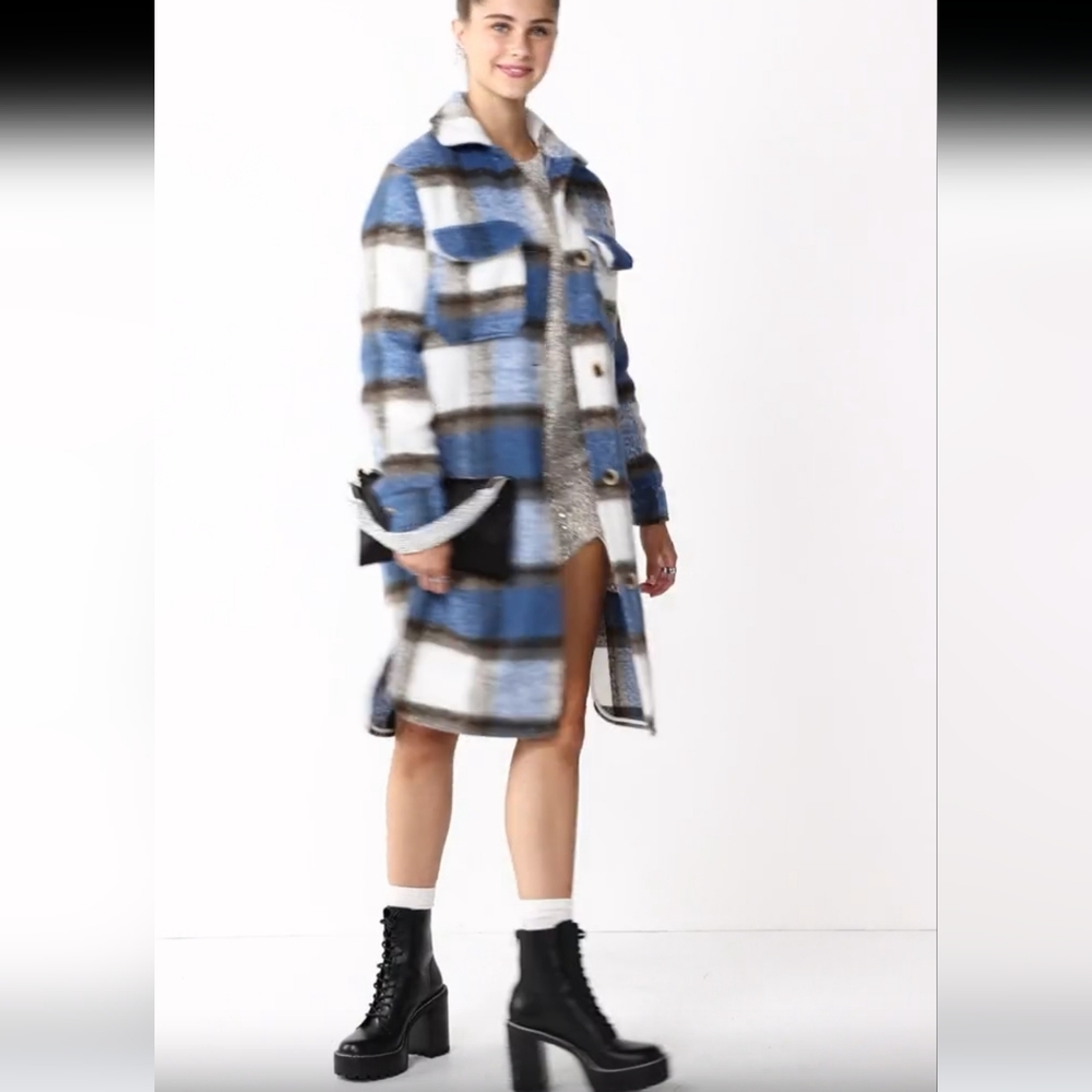 NWT SO Longline Plaid Shacket Jacket Button Front Size S